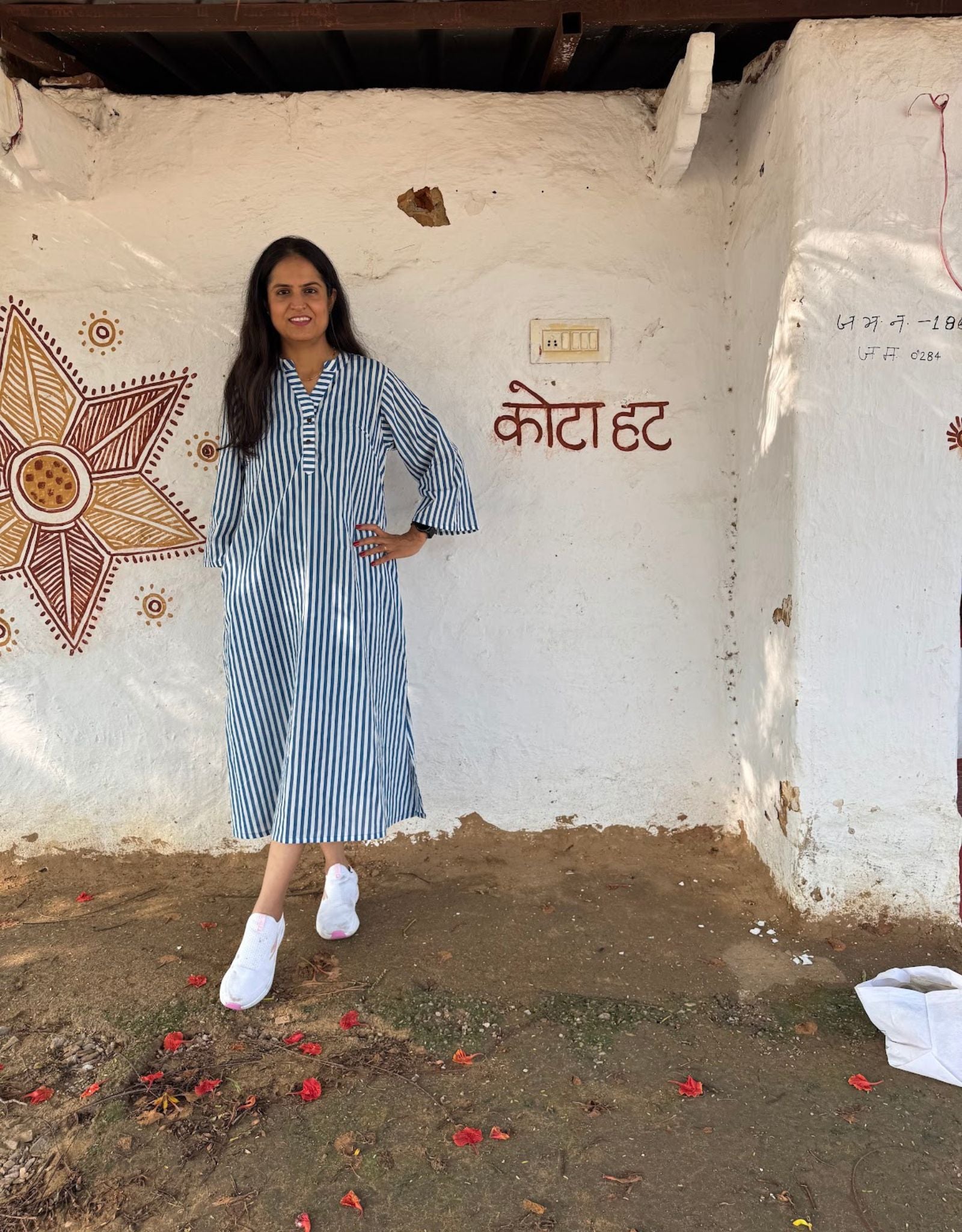 Blue Side Slit Striped Cotton Cambric Regular Fit Dress – GULABISHEHAR