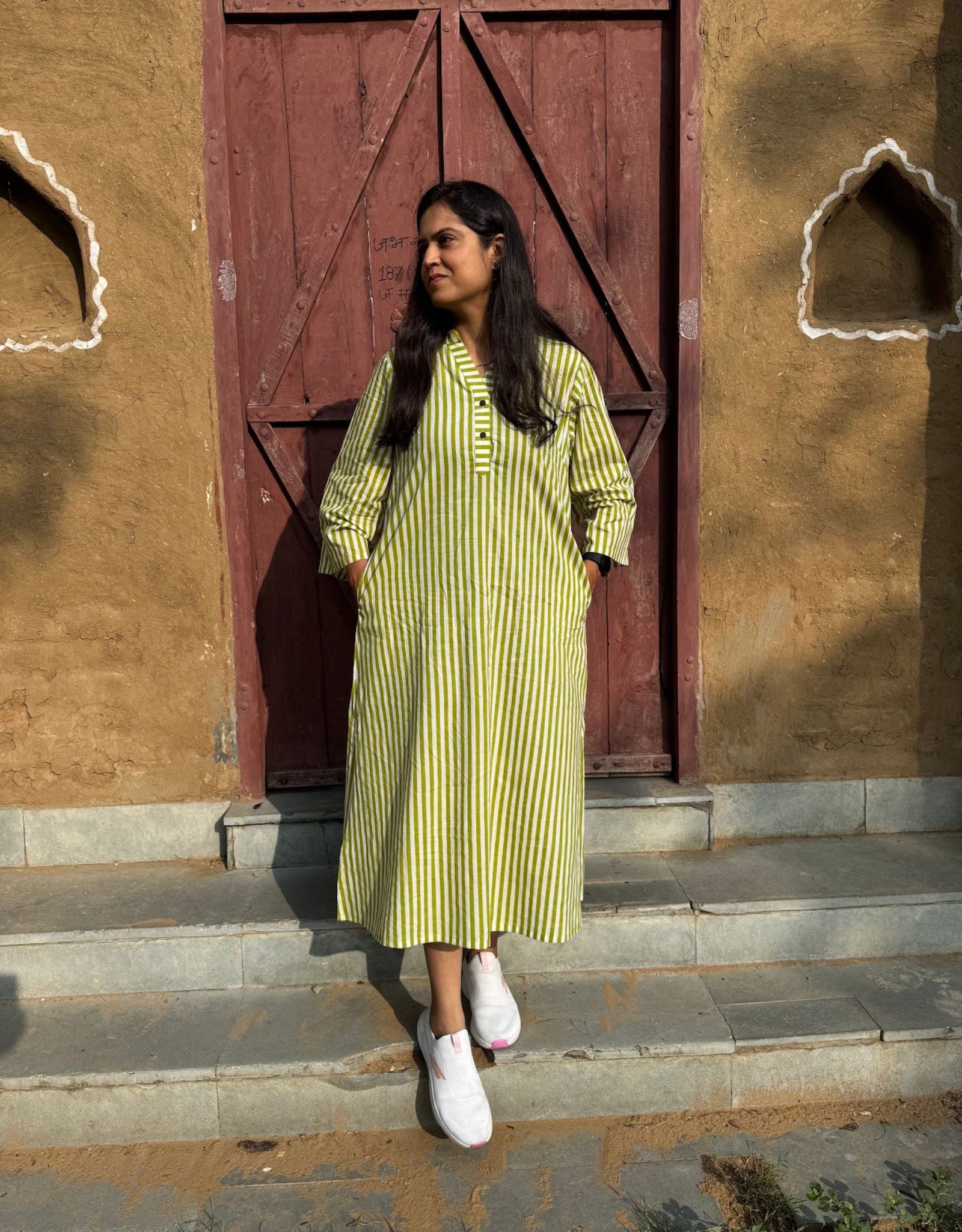 Green Side Slit Striped Cotton Cambric Regular Fit Dress