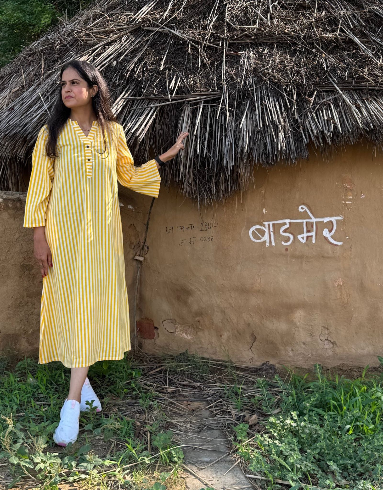 Yellow Side Slit Striped Cotton Cambric Regular Fit Dress – GULABISHEHAR