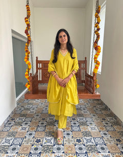 Festive Mul Chanderi Kurta Set with Dupatta - Lime Green