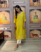 Festive Mul Chanderi Kurta Set with Dupatta - Lime Green- Off White