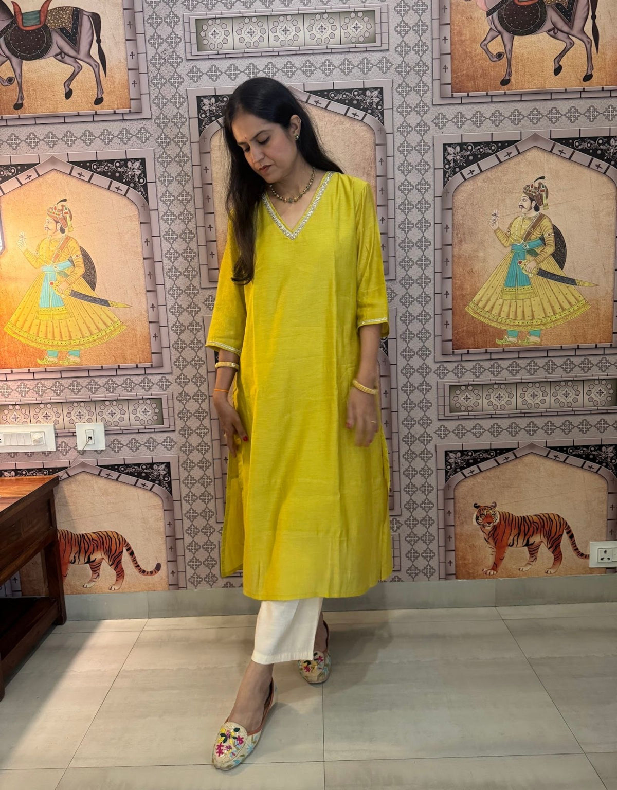 Festive Mul Chanderi Kurta Set with Dupatta - Lime Green- Off White