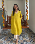 Festive Mul Chanderi Kurta Set with Dupatta - Lime Green- Off White