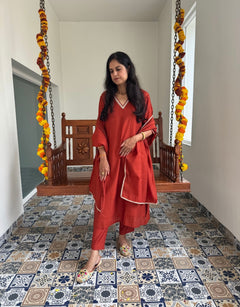 Festive Mul Chanderi Kurta Set with Dupatta - Rust