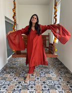 Festive Mul Chanderi Kurta Set with Dupatta - Rust