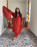 Festive Mul Chanderi Kurta Set with Dupatta - Rust