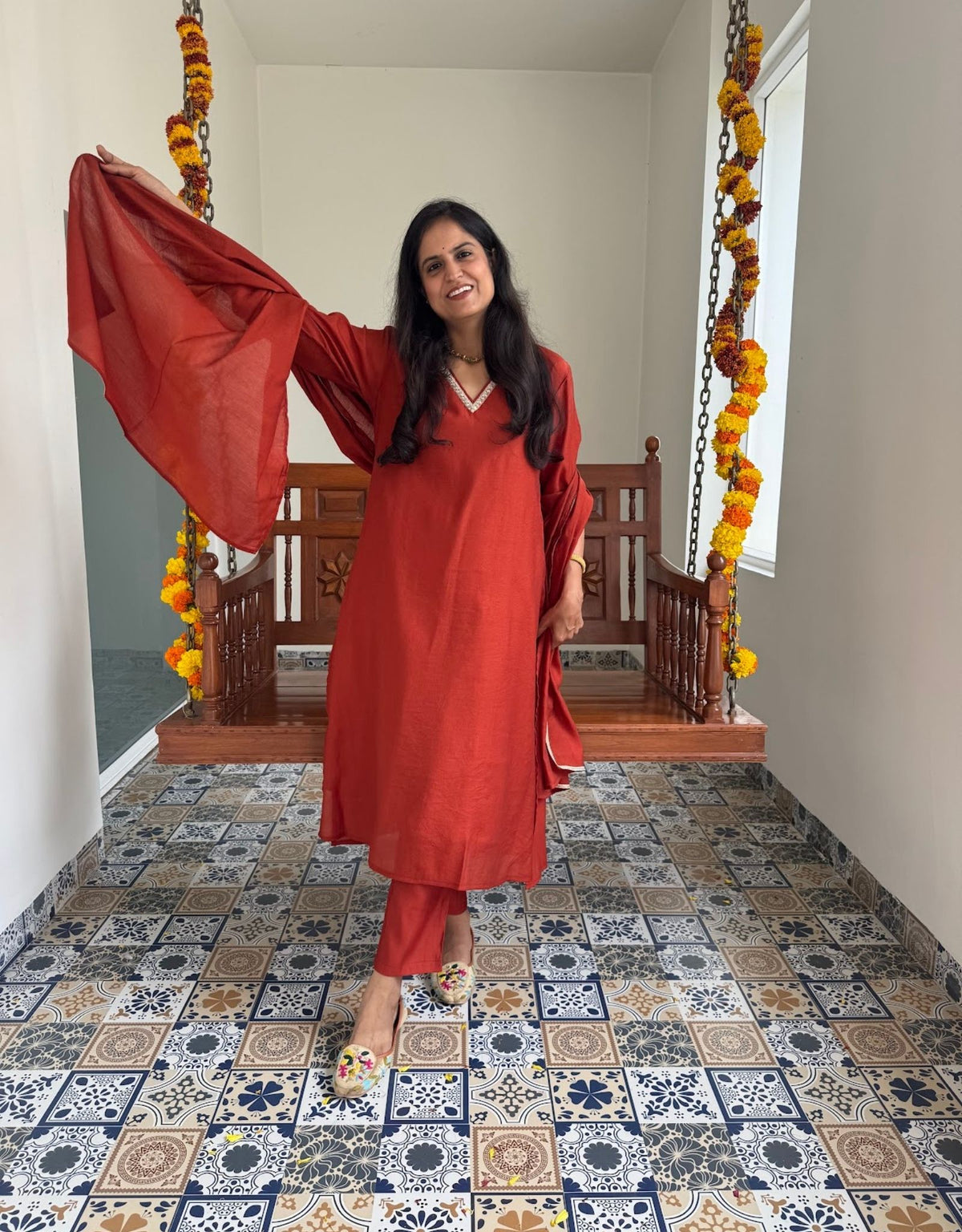 Festive Mul Chanderi Kurta Set with Dupatta - Rust