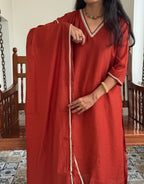 Festive Mul Chanderi Kurta Set with Dupatta - Rust