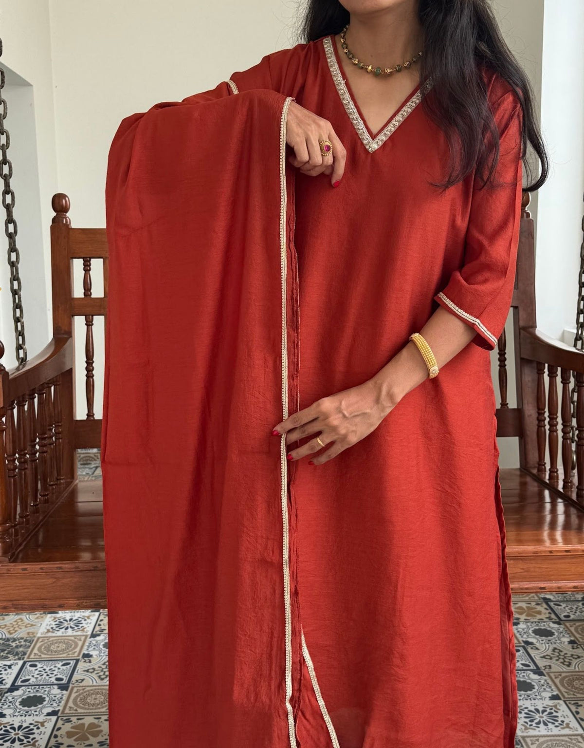 Festive Mul Chanderi Kurta Set with Dupatta - Rust