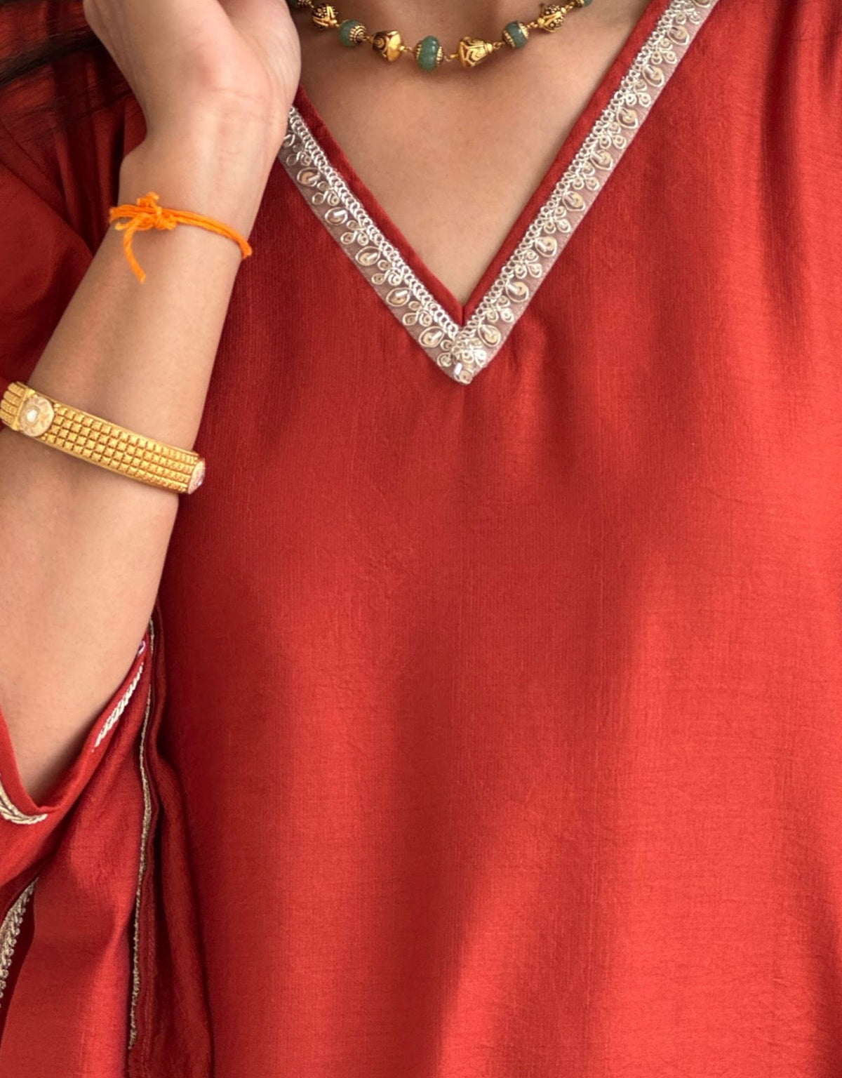 Festive Mul Chanderi Kurta Set with Dupatta - Rust