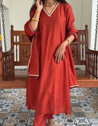 Festive Mul Chanderi Kurta Set with Dupatta - Rust