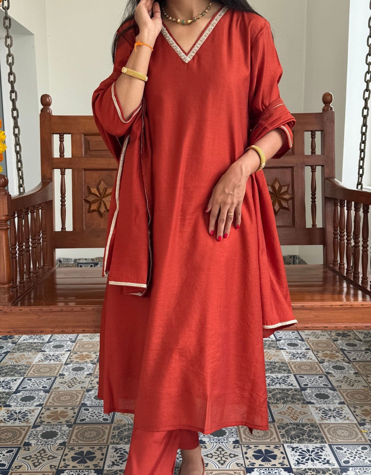 Festive Mul Chanderi Kurta Set with Dupatta - Rust