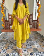 Festive Mul Chanderi Kurta Set with Dupatta - Lime Green
