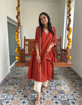 Festive Mul Chanderi Kurta Set with Dupatta - Rust - Offwhite
