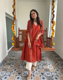 Festive Mul Chanderi Kurta Set with Dupatta - Rust - Offwhite