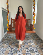 Festive Mul Chanderi Kurta Set with Dupatta - Rust - Offwhite