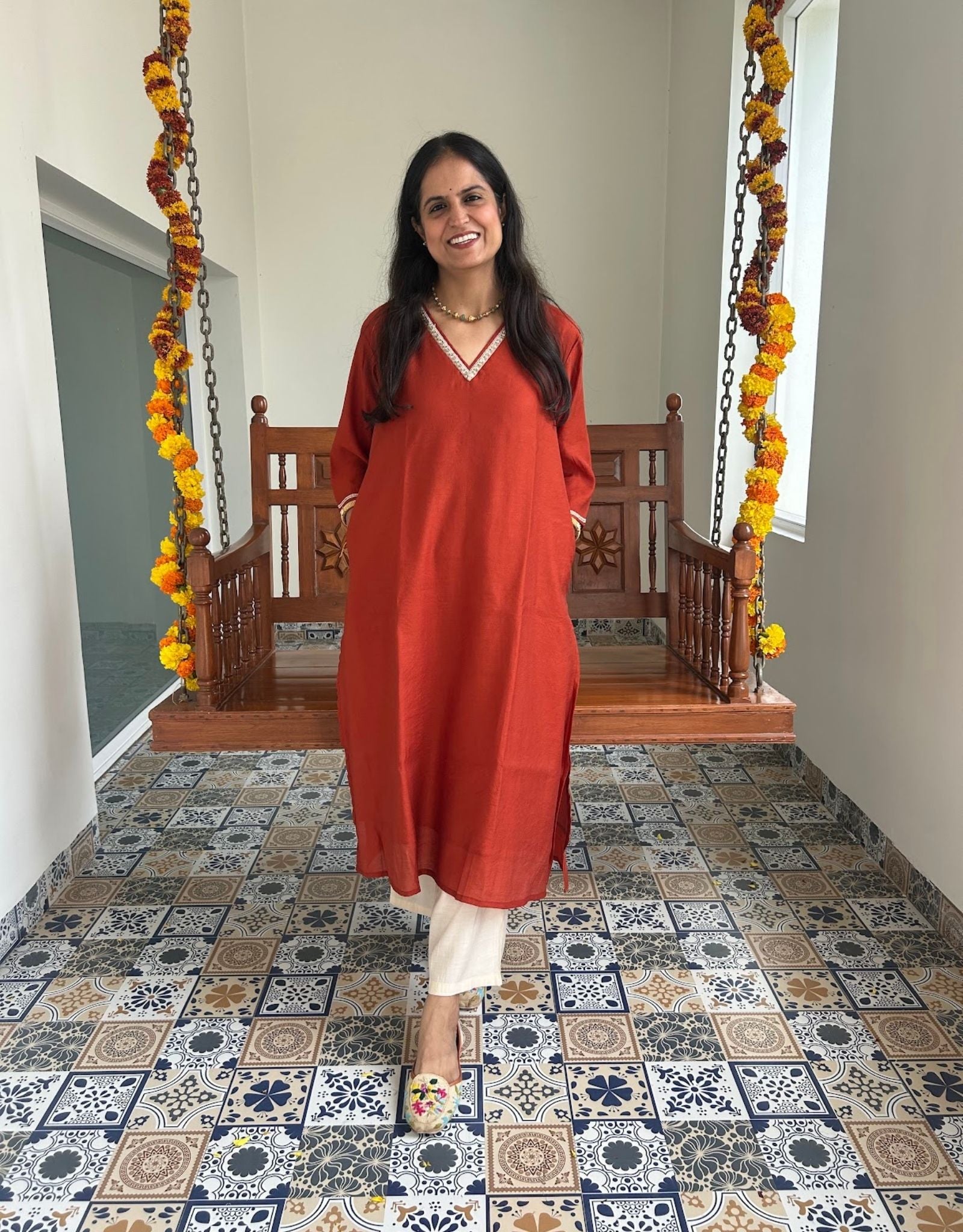 Festive Mul Chanderi Kurta Set with Dupatta - Rust - Offwhite