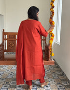 Festive Mul Chanderi Kurta Set with Dupatta - Rust