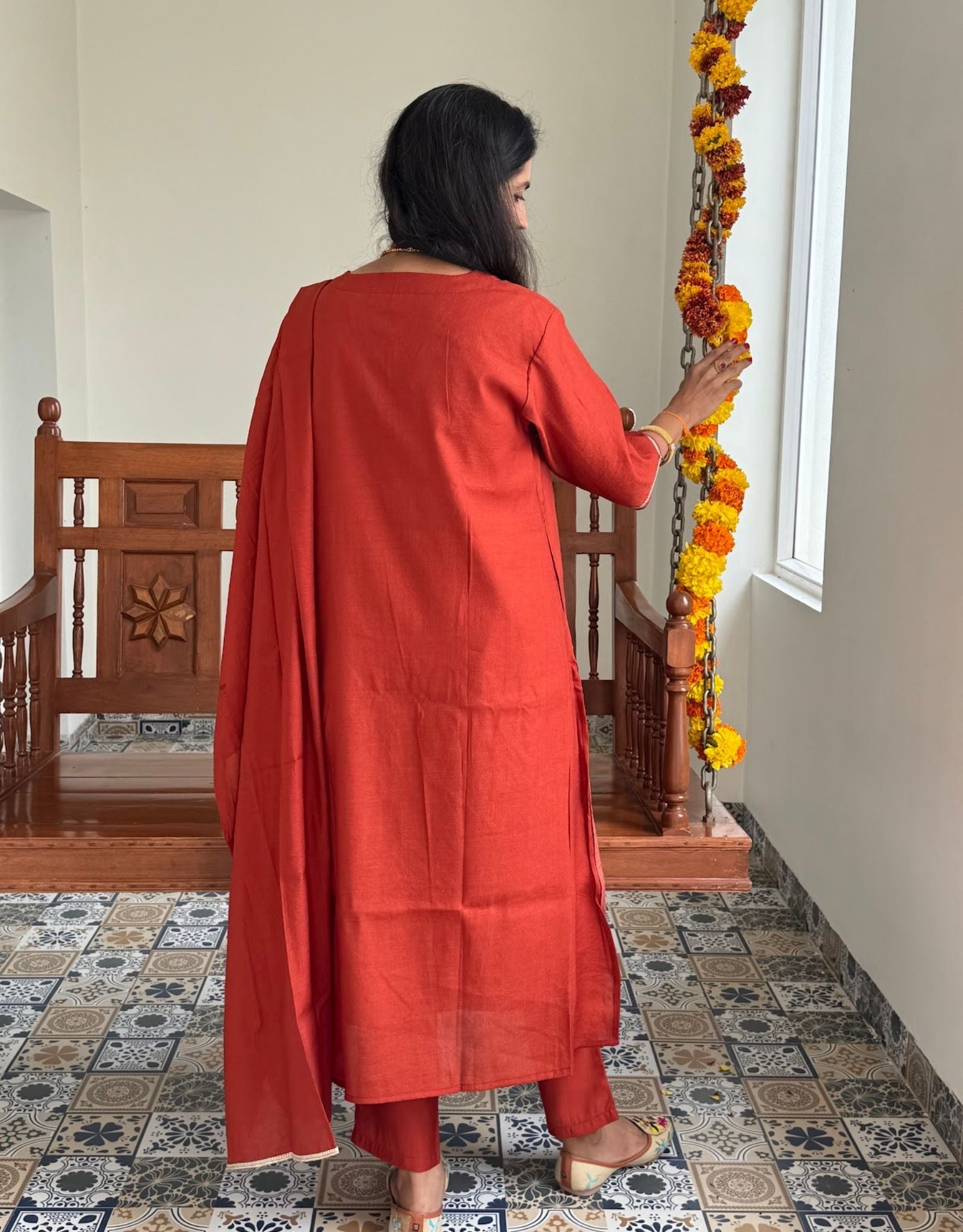Festive Mul Chanderi Kurta Set with Dupatta - Rust