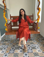 Festive Mul Chanderi Kurta Set with Dupatta - Rust - Offwhite
