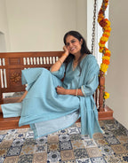 Festive Mul Chanderi Kurta Set with Dupatta - Pastel Blue