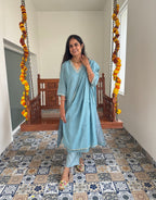 Festive Mul Chanderi Kurta Set with Dupatta - Pastel Blue