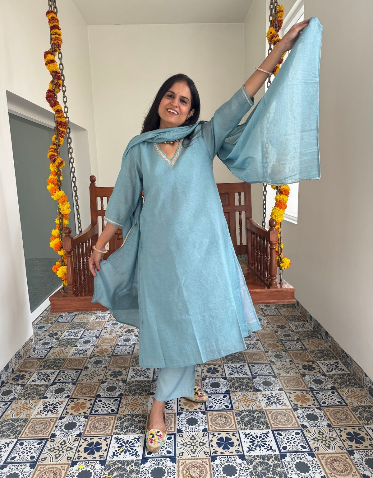 Festive Mul Chanderi Kurta Set with Dupatta - Pastel Blue