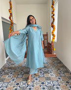 Festive Mul Chanderi Kurta Set with Dupatta - Pastel Blue
