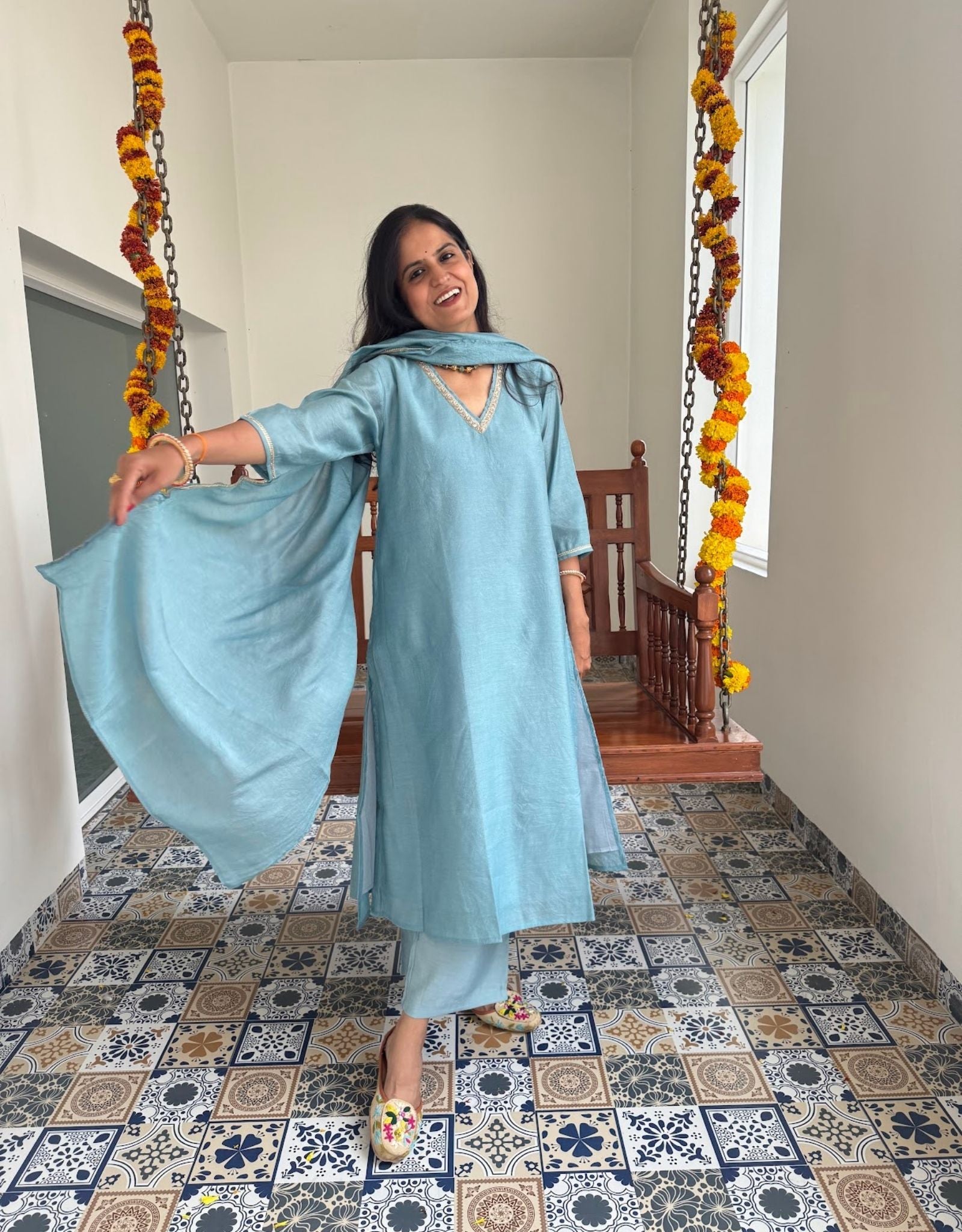 Festive Mul Chanderi Kurta Set with Dupatta - Pastel Blue