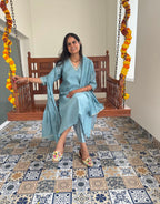 Festive Mul Chanderi Kurta Set with Dupatta - Pastel Blue