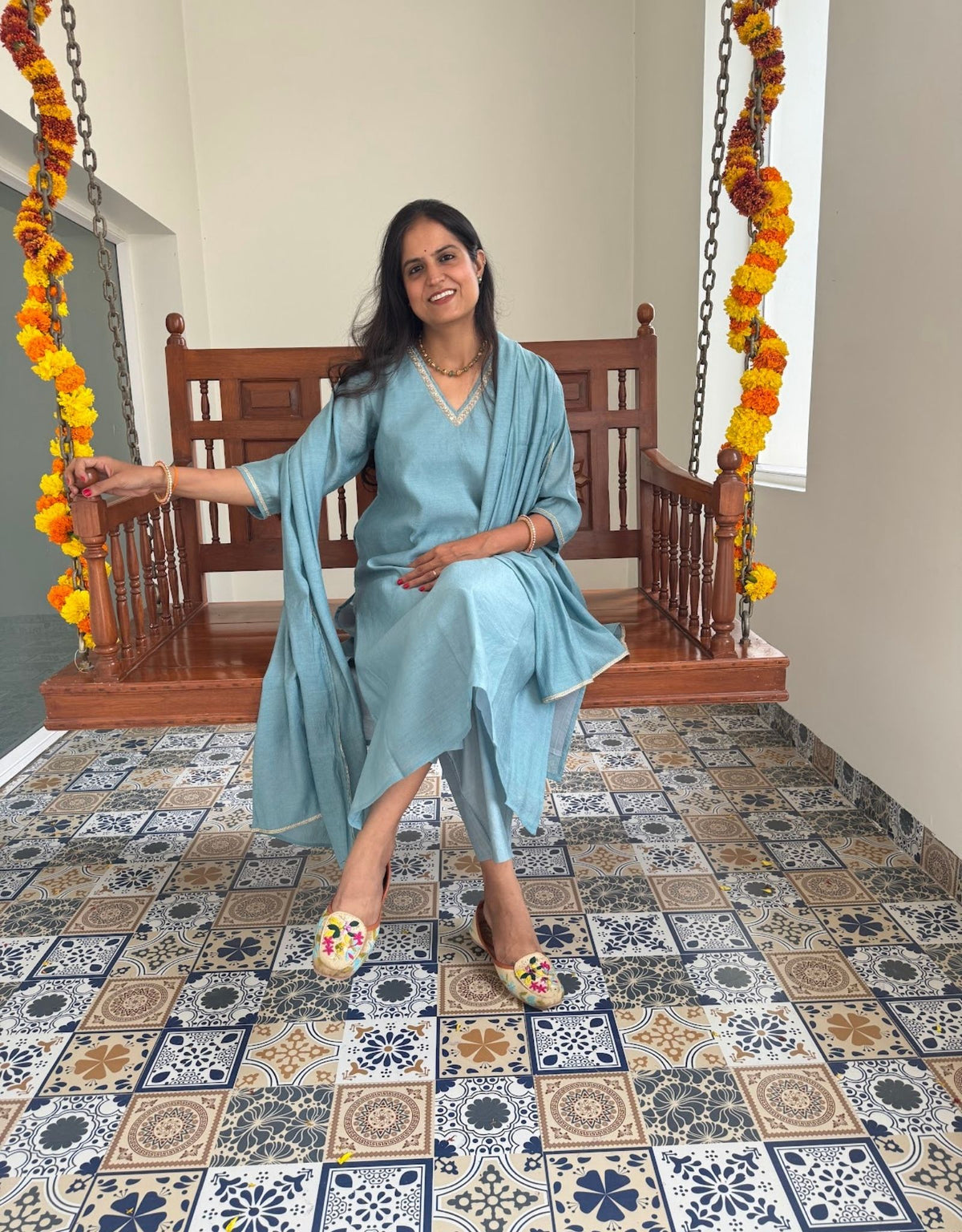 Festive Mul Chanderi Kurta Set with Dupatta - Pastel Blue