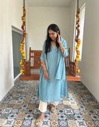 Festive Mul Chanderi Kurta Set with Dupatta - Pastel Blue - Off White