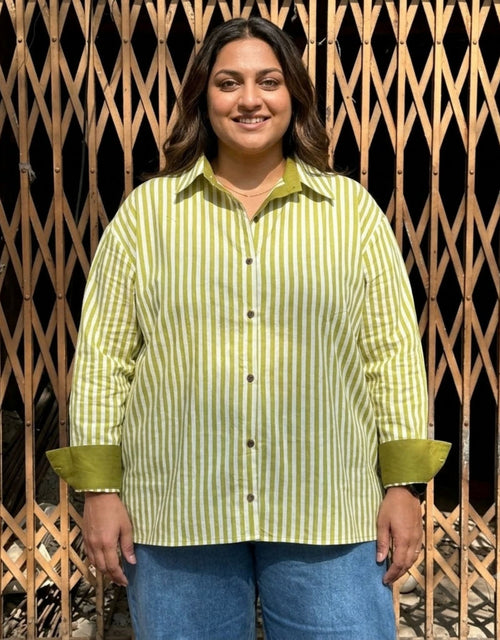 Elegant Striped Cotton Oversized Shirt  | Designed for Curves, Up to 6XL - Green
