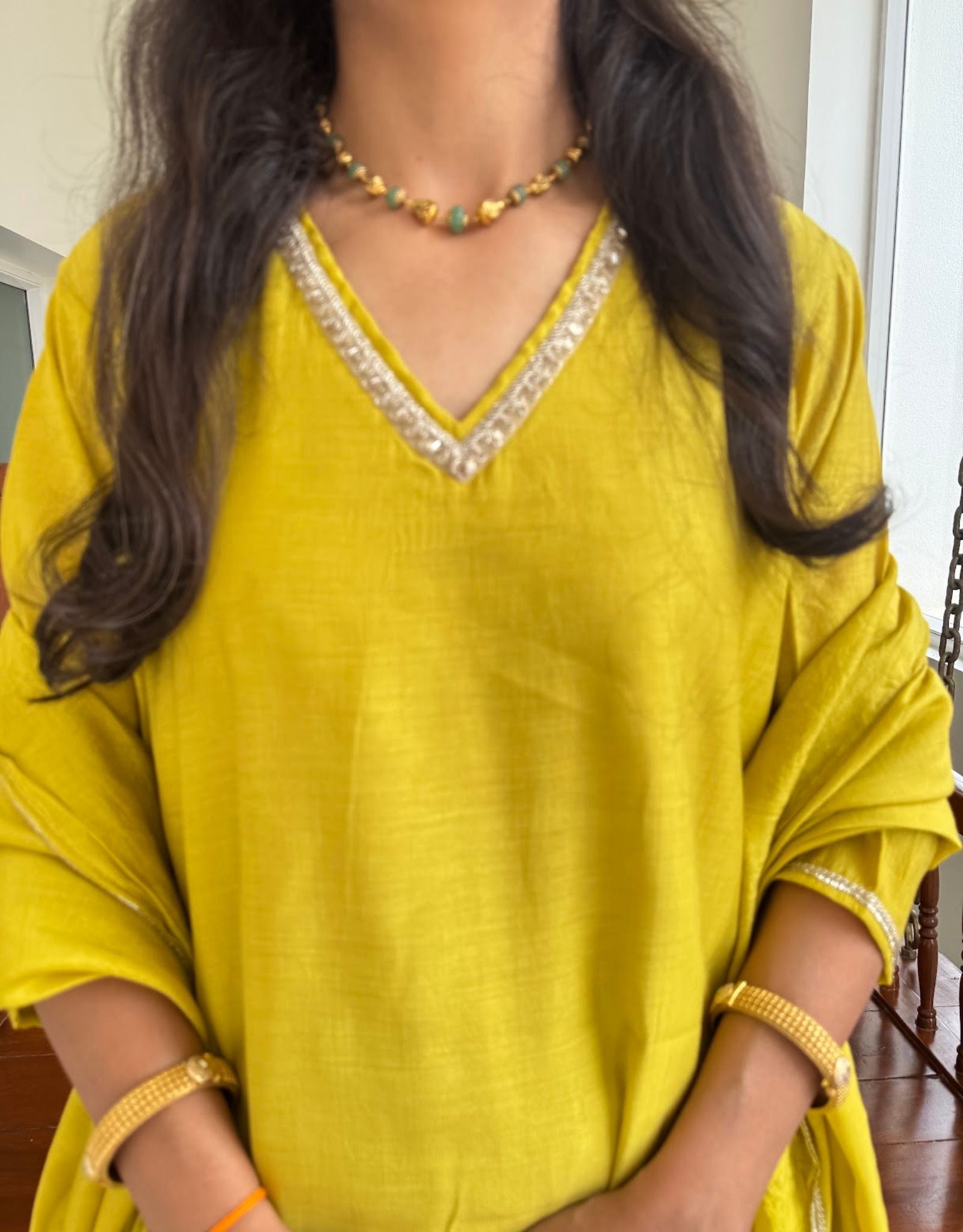 Festive Mul Chanderi Kurta Set with Dupatta - Lime Green