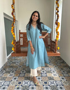 Festive Mul Chanderi Kurta Set with Dupatta - Pastel Blue - Off White