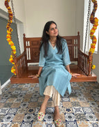 Festive Mul Chanderi Kurta Set with Dupatta - Pastel Blue - Off White