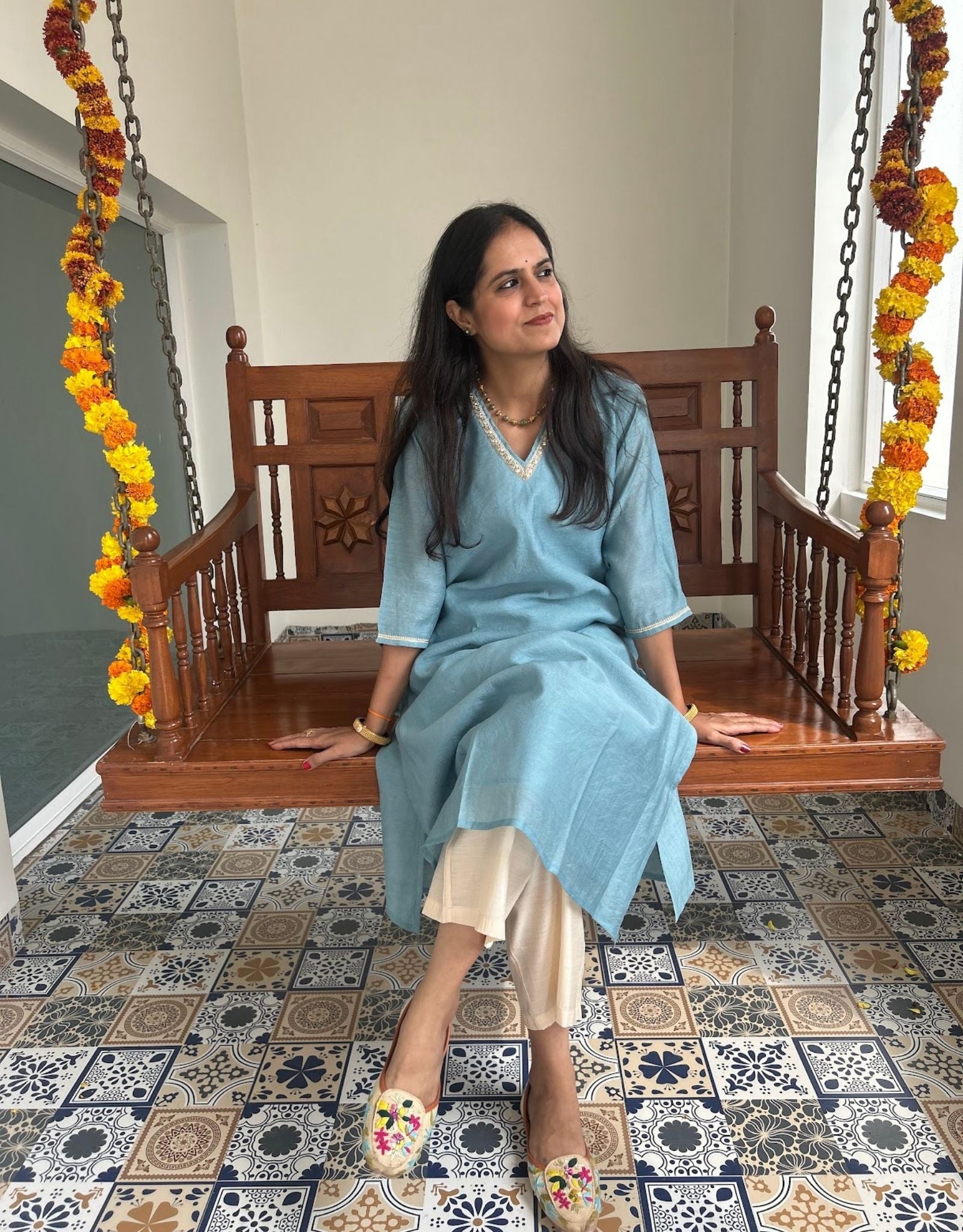 Festive Mul Chanderi Kurta Set with Dupatta - Pastel Blue - Off White