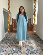 Festive Mul Chanderi Kurta Set with Dupatta - Pastel Blue - Off White