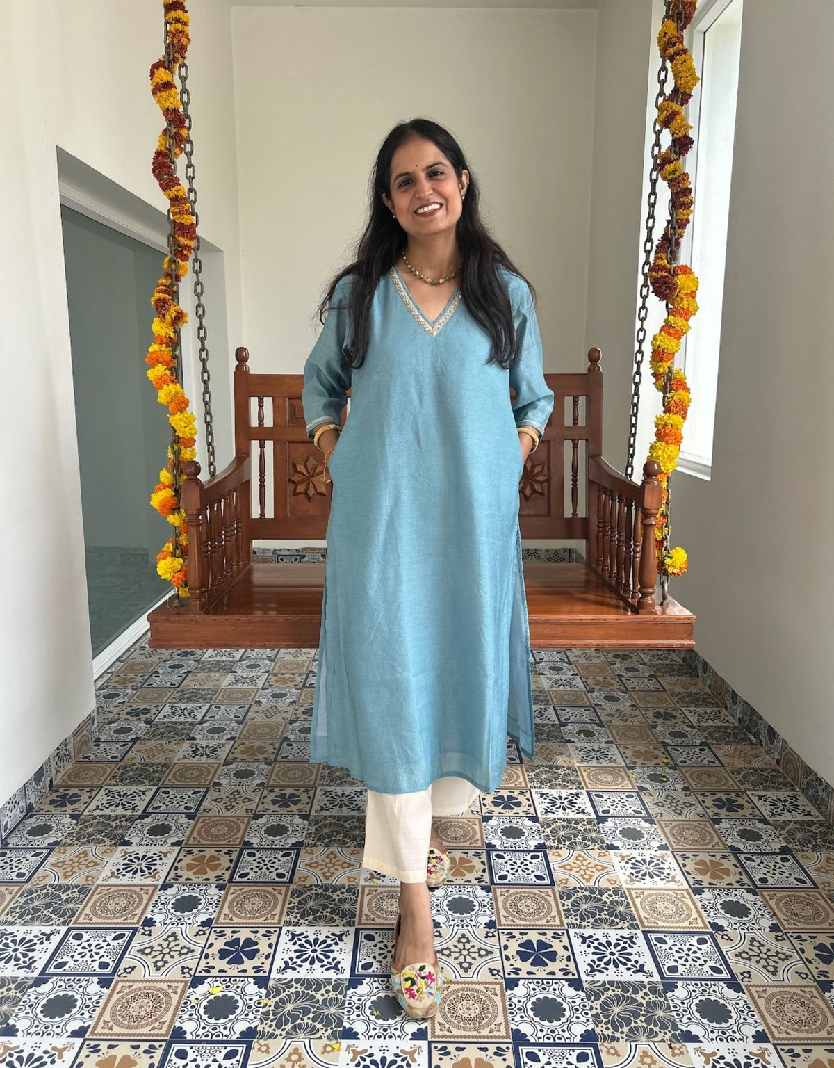 Festive Mul Chanderi Kurta Set with Dupatta - Pastel Blue - Off White