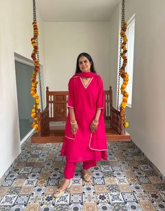 Festive Mul Chanderi Kurta Set with Dupatta - Raani