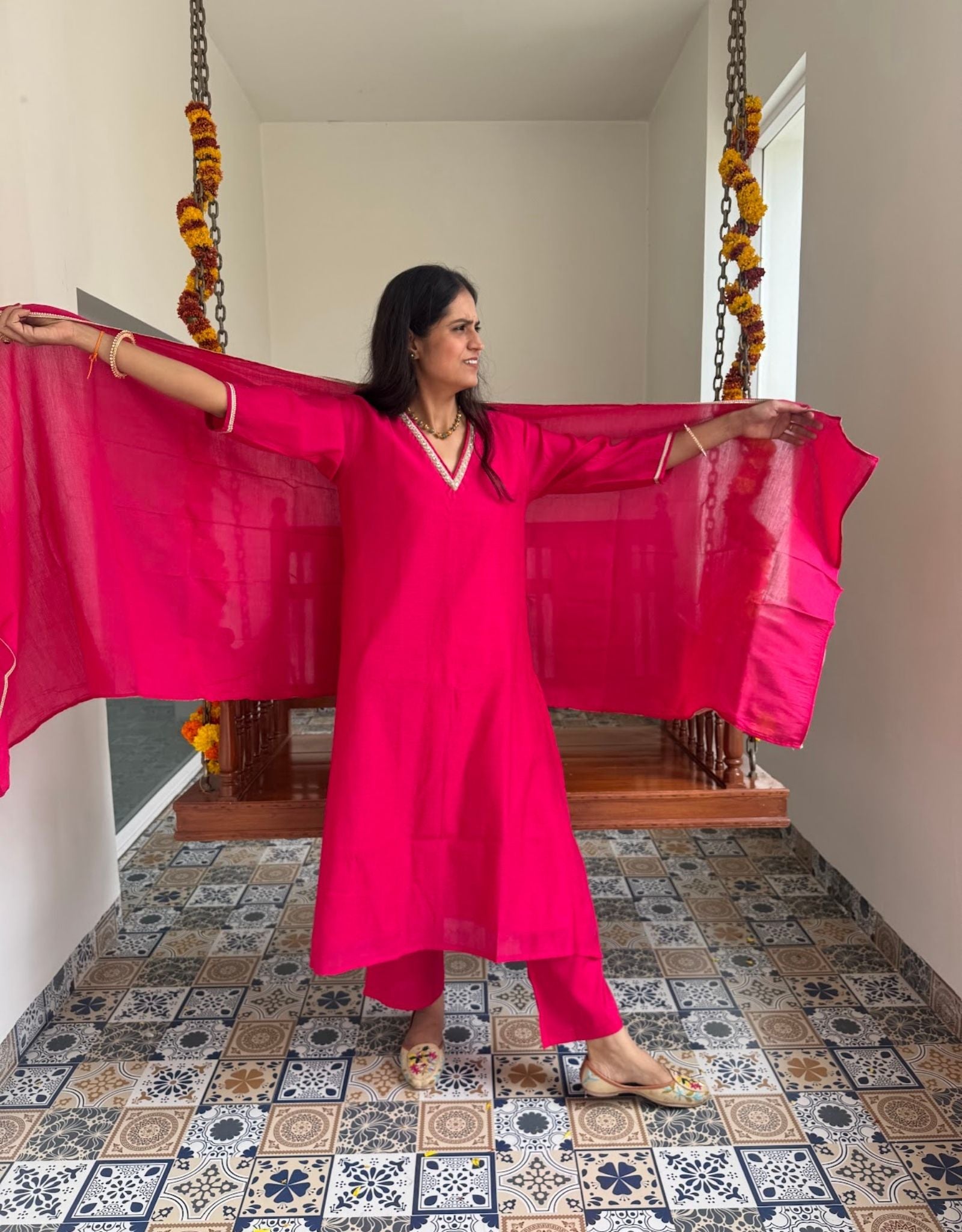 Festive Mul Chanderi Kurta Set with Dupatta - Raani
