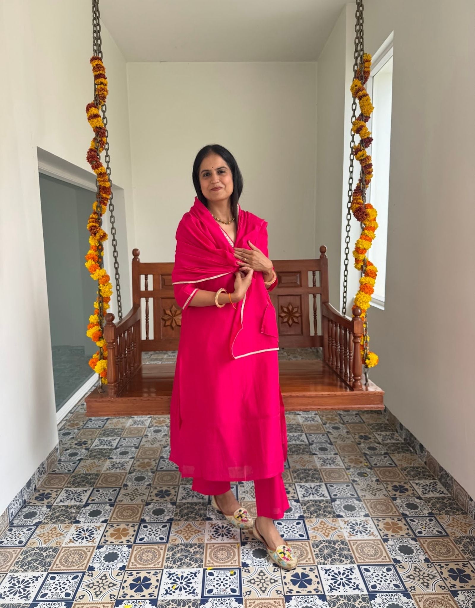 Festive Mul Chanderi Kurta Set with Dupatta - Raani