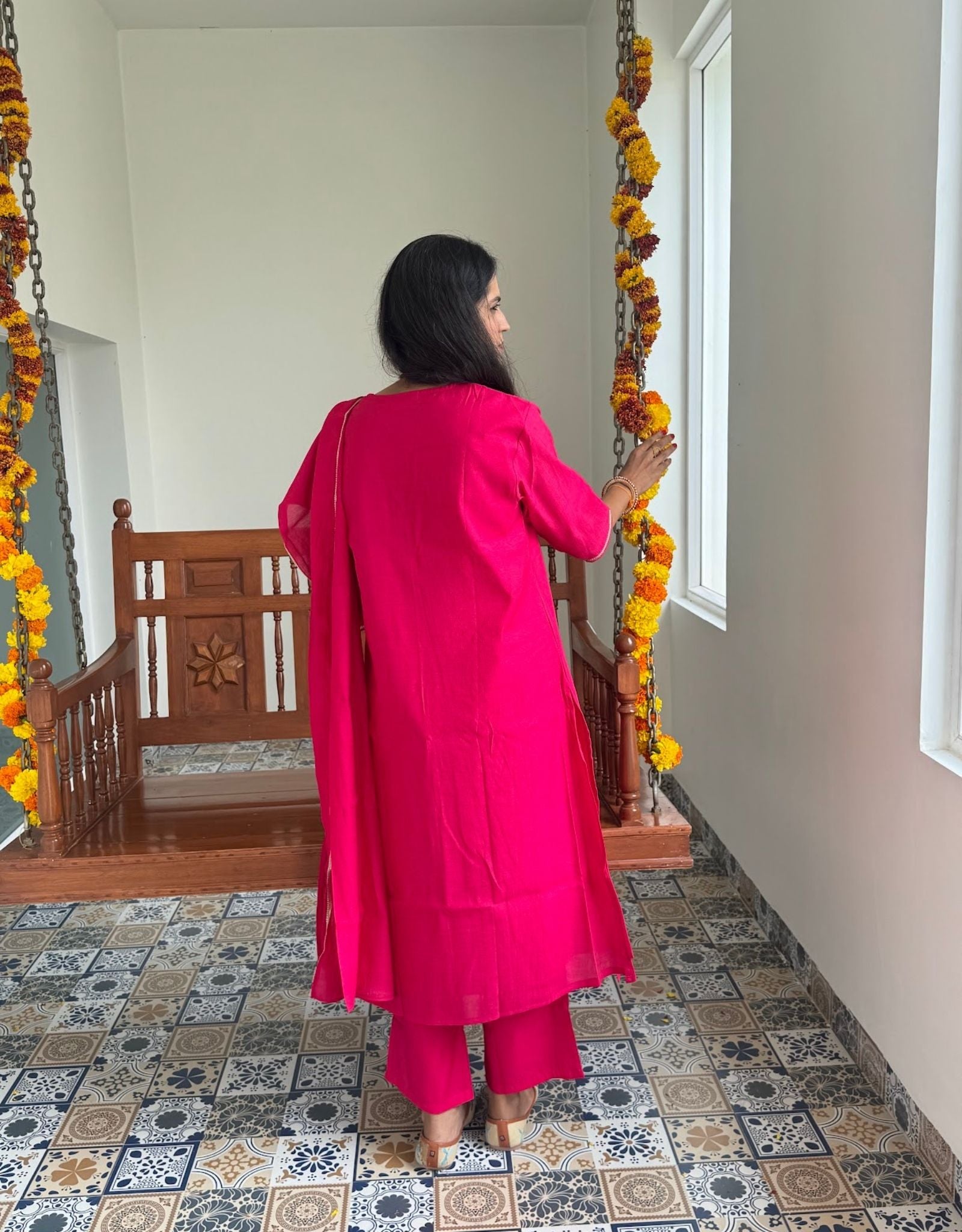 Festive Mul Chanderi Kurta Set with Dupatta - Raani