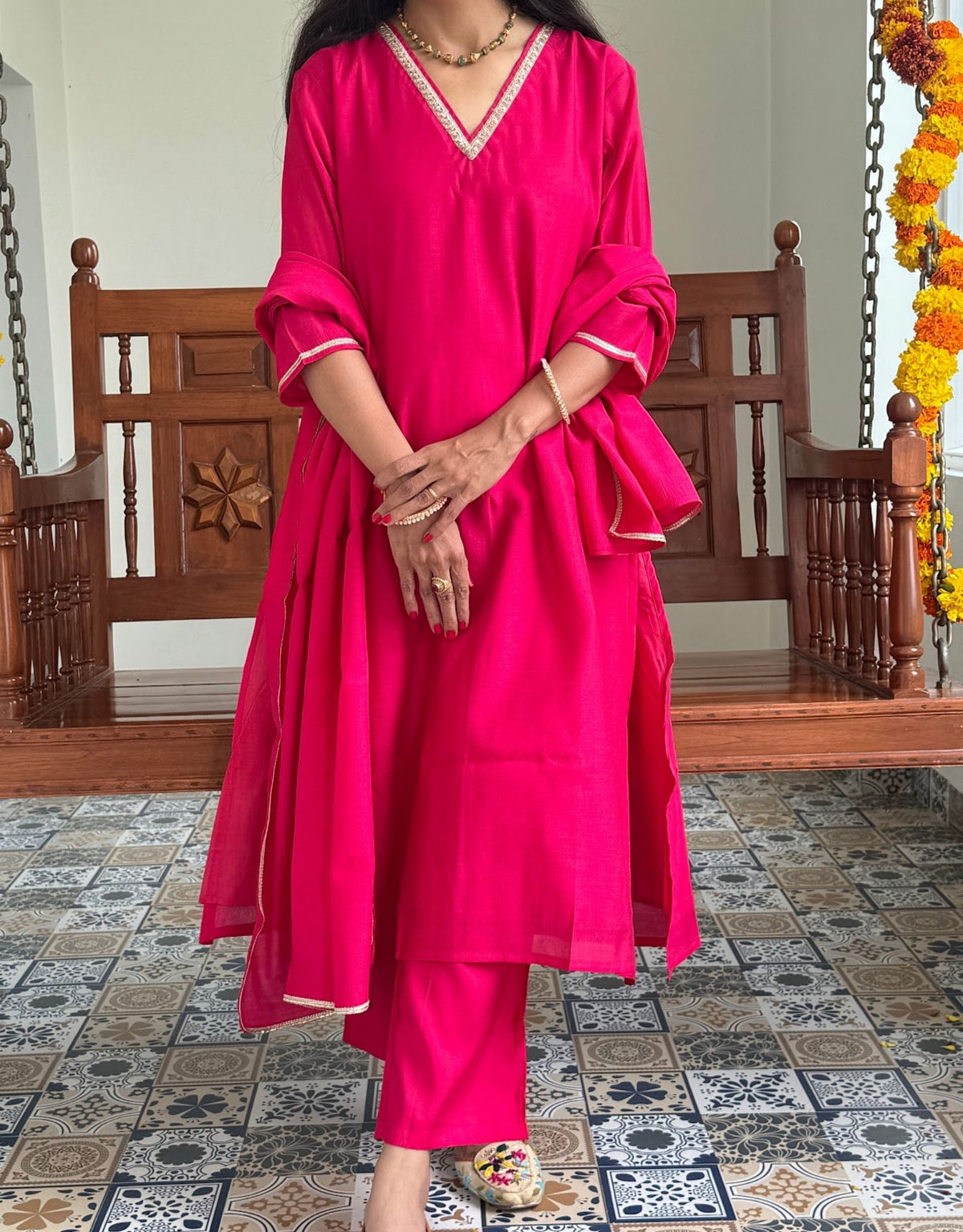 Festive Mul Chanderi Kurta Set with Dupatta - Raani