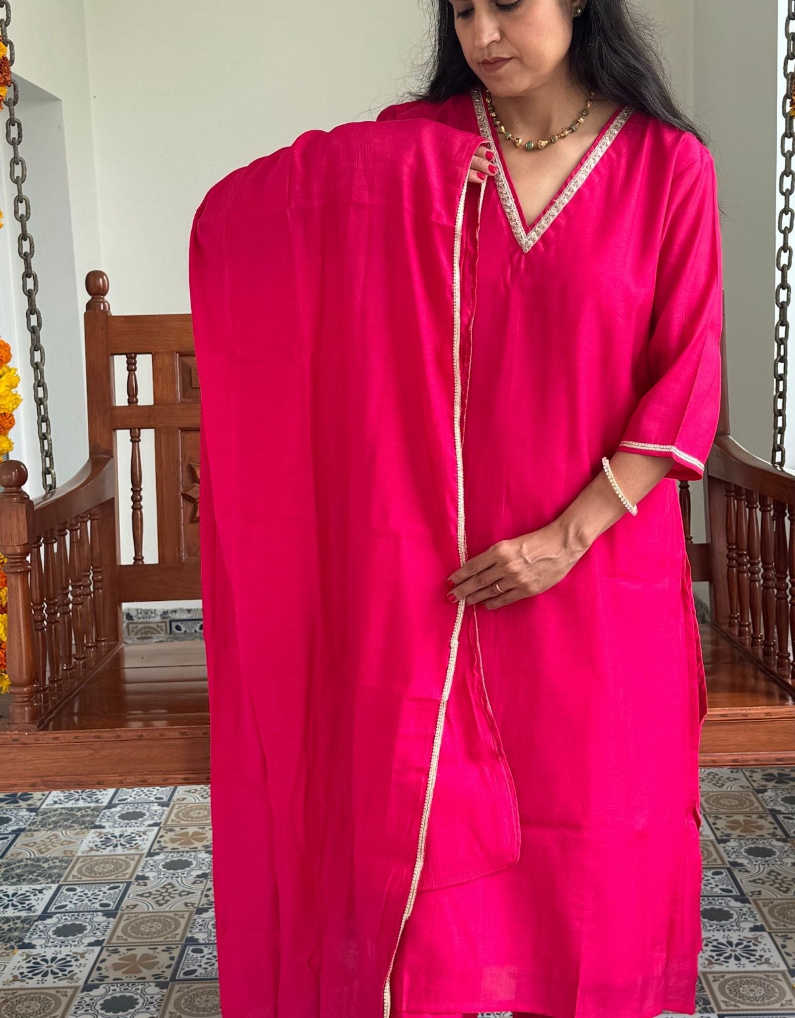 Festive Mul Chanderi Kurta Set with Dupatta - Raani