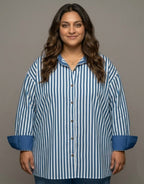 Elegant Striped Cotton Oversized Shirt  | Designed for Curves, Up to 6XL - Blue