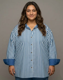 Elegant Striped Cotton Oversized Shirt  | Designed for Curves, Up to 6XL - Blue