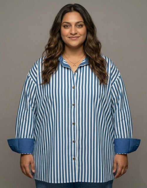 Elegant Striped Cotton Oversized Shirt  | Designed for Curves, Up to 6XL - Blue