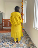 Festive Mul Chanderi Kurta Set with Dupatta - Lime Green