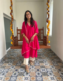 Festive Mul Chanderi Kurta Set with Dupatta - Raani - Off White